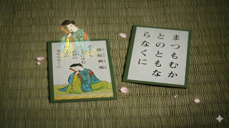 百人一首第34番、藤原興風の和歌「誰をかも知る人にせむ…」の読み札と取り札が畳の上に置かれているイメージ画像