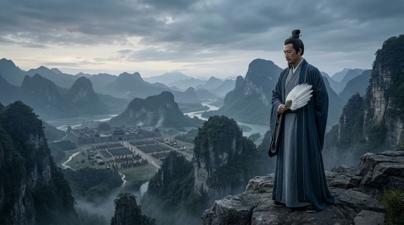 凡事徹底を貫く軍師・諸葛孔明 険しい山々を背景に、崖の上で羽扇を持ち、冷静な表情で遠くを見つめる諸葛孔明。奇策ではなく「当たり前」を徹底する組織論のブログ記事用アイキャッチ画像。