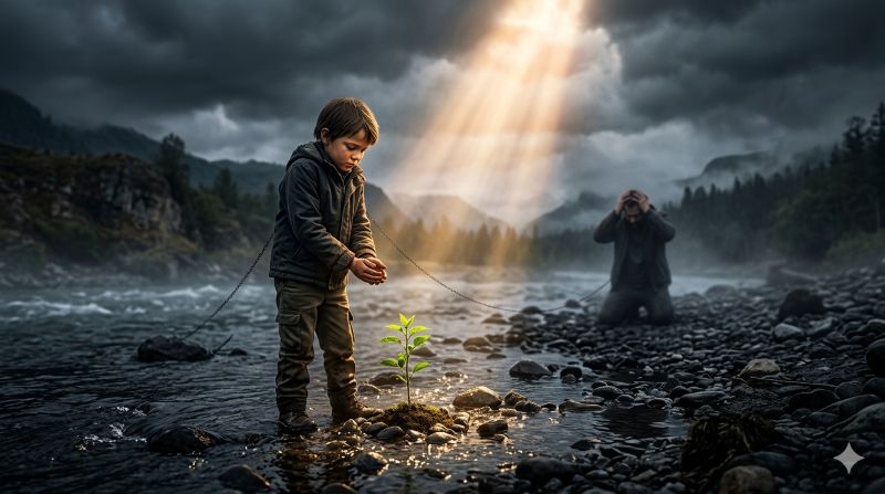 薄暗い川床で、小さな植物の苗を両手で大切に育む少年の背後から、遠くの岸辺で頭を抱えて座り込む親のシルエットへと、細い鎖が繋がっている。