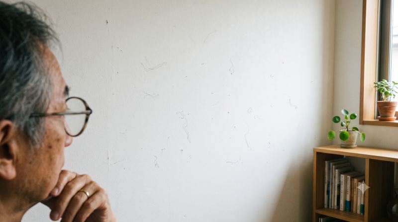 白い壁を見つめる眼鏡をかけた男性と、視界に浮かぶ飛蚊症のような糸くずや丸い影のイメージ