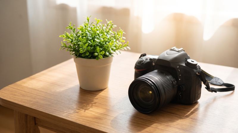 木製のテーブルに置かれた一眼レフカメラと、その隣の小さな観葉植物