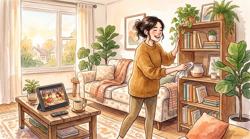 休日の午前中、明るいリビングで片付けをしながらタブレットで映画を流し、タガログ語のリスニング学習をしている風景