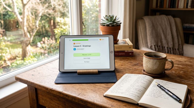 木目のデスクの上に置かれたiPadとコーヒー、タガログ語の学習を始めるリラックスした風景