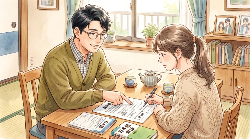 書類を指差してタガログ語で「ここに書いて」と伝えている夫婦