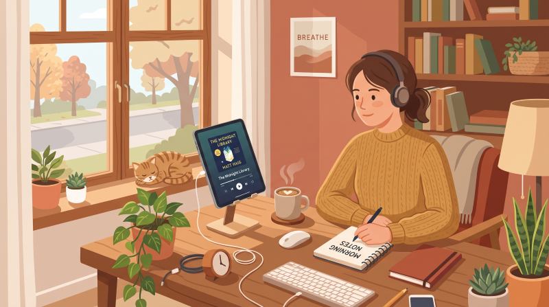 朝の光が差し込む部屋で、iPadでAudibleを聴きながら仕事をしているイラスト