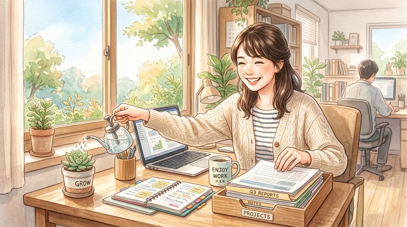 穏やかな表情で職場の雑用をこなす人物