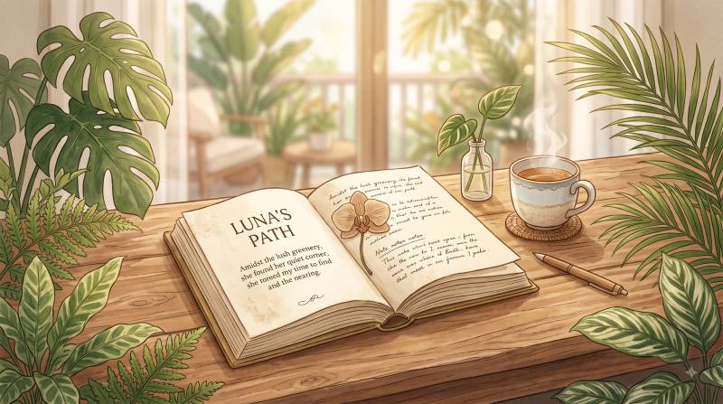 トロピカルな植物とテーブルの上に開かれた本が描かれたイラスト