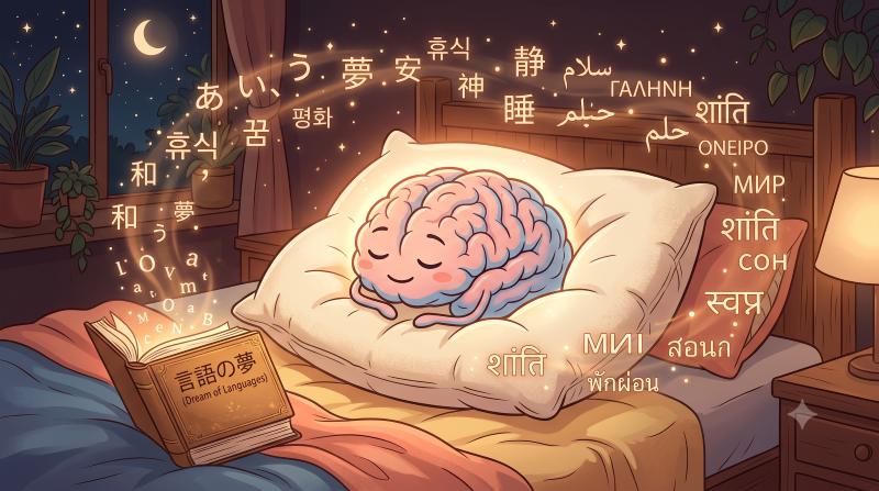 枕の上でリラックスして休息する脳と、周囲に浮かぶ外国語の文字のイラスト