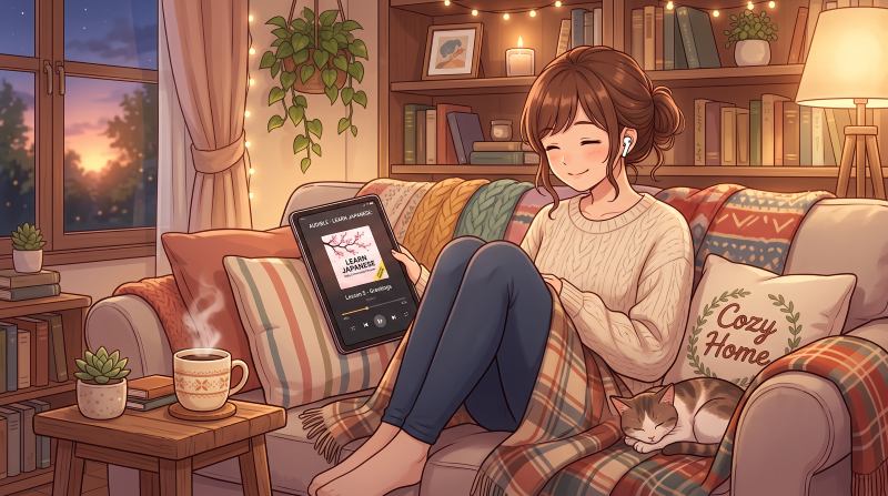 ソファでリラックスしながらタブレットとイヤホンを使って、タガログ語の教材を聞き流し学習しているイラスト
