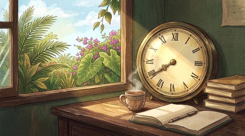 時針だけが描かれたレトロな時計と、フィリピンの温かくおおらかな雰囲気を表現したイラスト