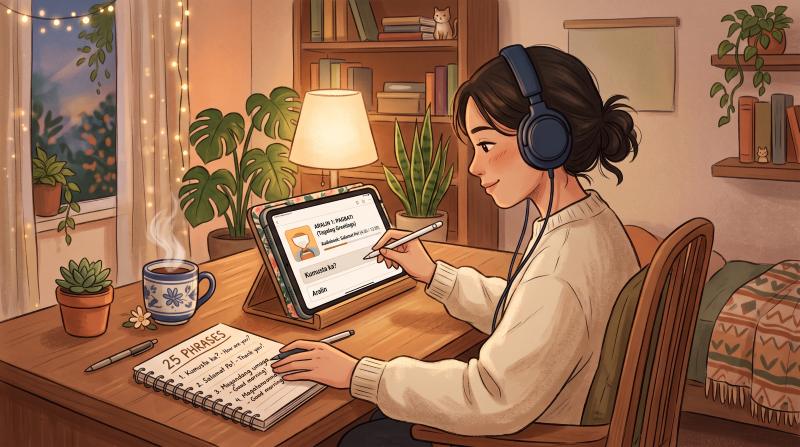 iPadとヘッドホンを使ってリラックスしながらタガログ語を勉強している様子