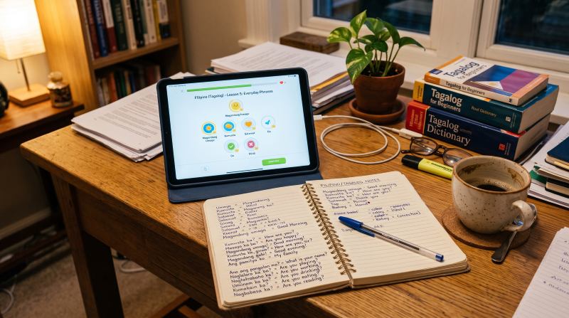 タガログ語の30フレーズが書かれたノート